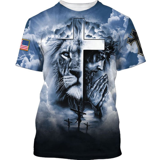 Jesus Prayer The Lion Of Judah Cross All Over Print 3D T Shirt For Men And Women, Christian T-Shirt, Faith Shirt