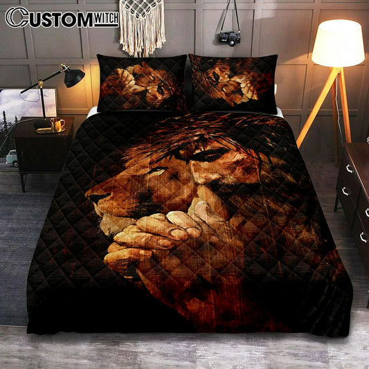 Jesus Praying And Lion Bedroom Quilt Bedding Set - Jesus Portrait Quilt Bedding Set Prints - Christian Bedroom