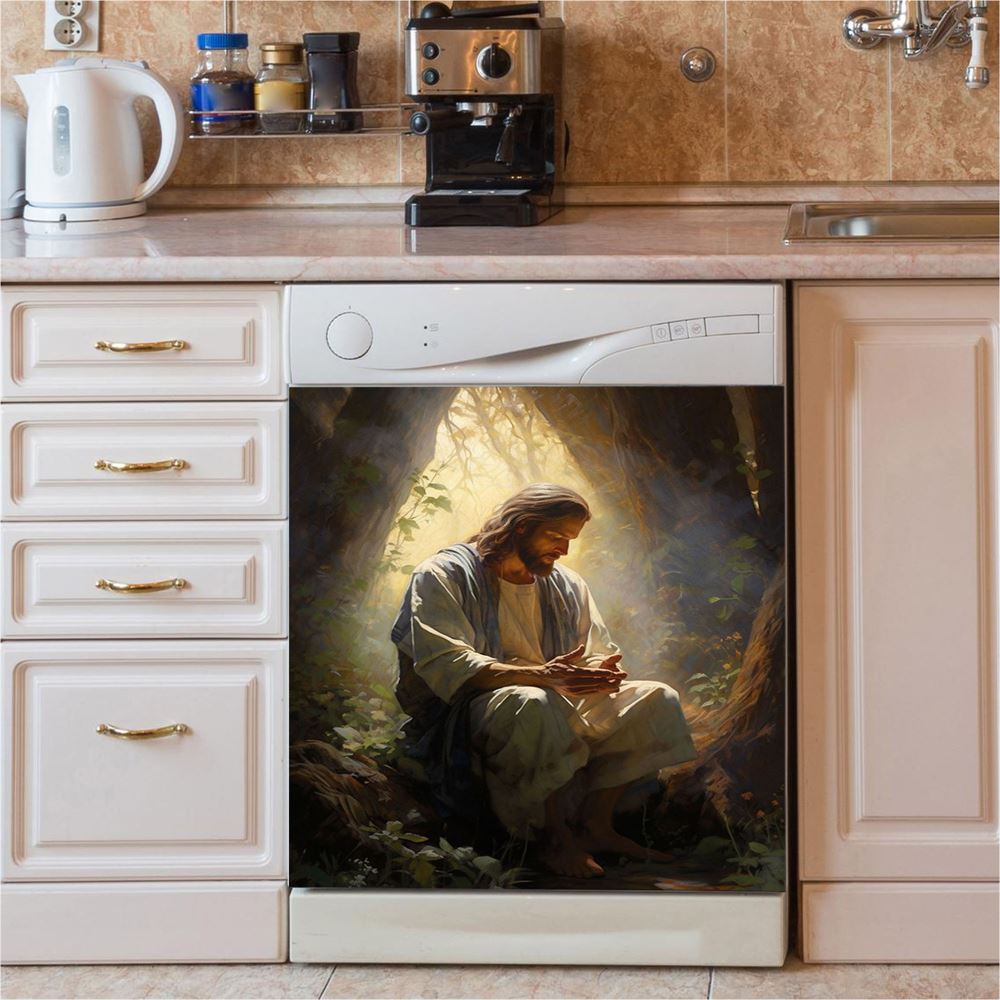 Jesus Praying And Lion Dishwasher Cover, Jesus Portrait Dishwasher Wrap, Christian Kitchen Decoration