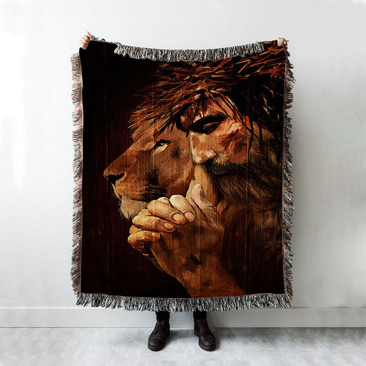 Jesus Praying And Lion Throw Blanket Woven Blanket - Jesus Portrait Woven Blanket Prints - Christian Throw Blanket