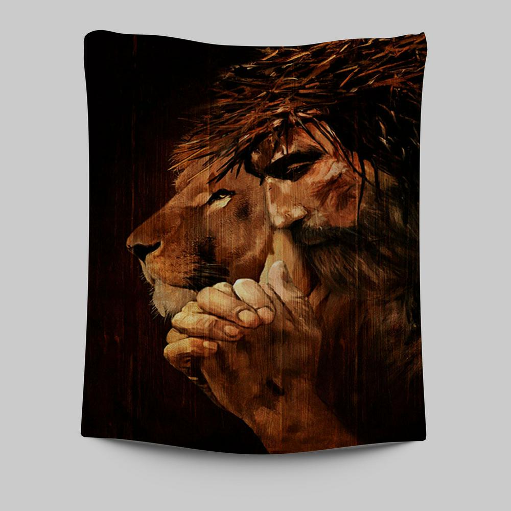 Jesus Praying And Lion Wall Art Tapestry - Jesus Portrait Tapestry Prints - Christian Wall Art