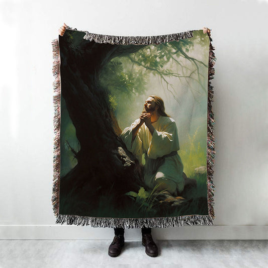 Jesus Praying In The Garden Painting Woven Blanket Prints - Jesus Woven Blanket Art - Christian Throw Blanket Decor