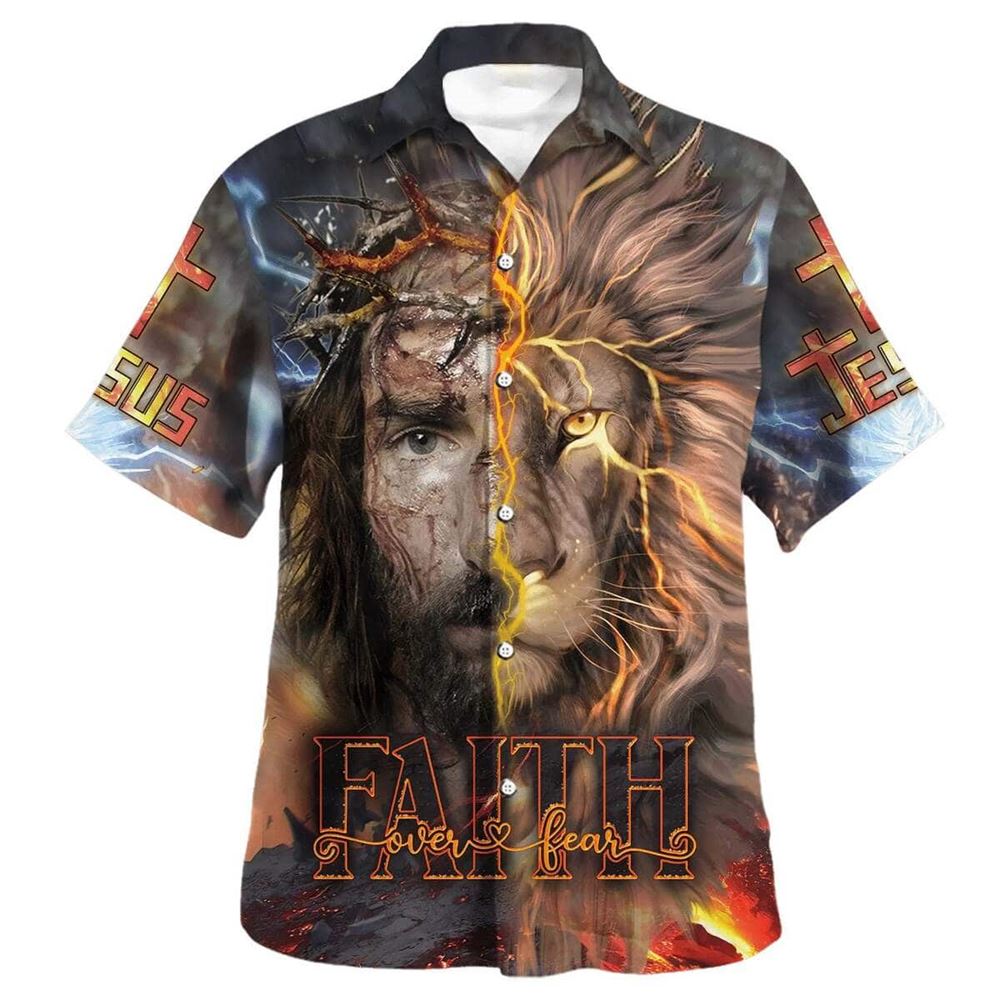 Jesus Praying Lion Christian Cross Faith Over Fear Hawaiian Shirt For Men, Christian Hawaiian Shirt, Gift For Christian