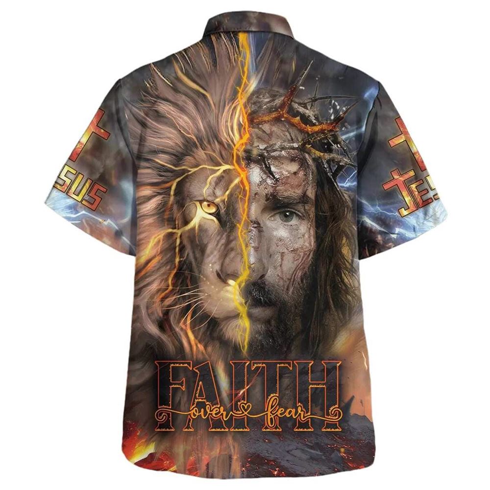Jesus Praying Lion Christian Cross Faith Over Fear Hawaiian Shirt For Men, Christian Hawaiian Shirt, Gift For Christian