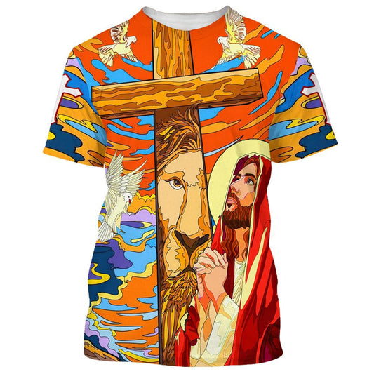 Jesus Praying Lion Of Judah Christian Cross Faith All Over Print 3D T Shirt For Men And Women, Christian T-Shirt, Faith Shirt