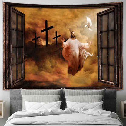 Jesus Praying The Rugged Cross Heaven's Light Large Tapestry - Christian Tapestry Prints - Religious Tapestry Art