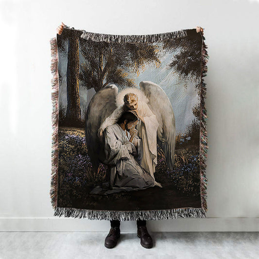 Jesus Praying With Angel Woven Blanket - Christian Throw Blanket - Religious Home Decor
