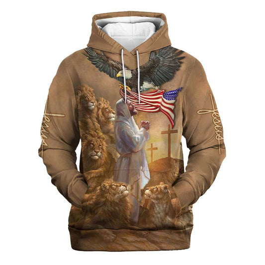 Jesus Praying With Lion Hoodies Jesus Hoodie Men & Women, God 3D Printed Hoodie, Christian Apparel Hoodies