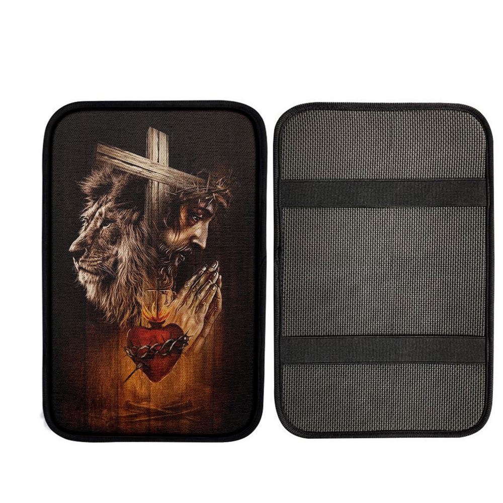 Jesus Prays Heart Lion Car Center Console Cover - Lion Car Center Console Cover, God Car Armrest Accessories