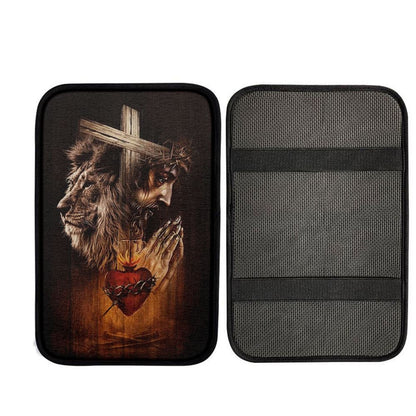 Jesus Prays Heart Lion Car Center Console Cover - Lion Car Center Console Cover, God Car Armrest Accessories