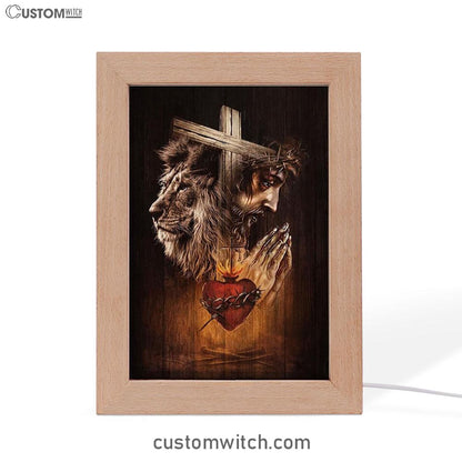 Jesus Prays Heart Lion Frame Lamp Prints - Lion Frame Lamp Art - Christian Inspirational Frame Lamp
