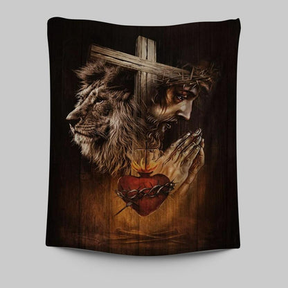 Jesus Prays Heart Lion Tapestry Prints - Lion Tapestry Art - Christian Inspirational Tapestry