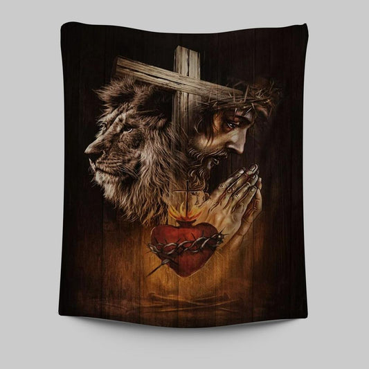 Jesus Prays Heart Lion Tapestry Prints - Lion Tapestry Art - Christian Inspirational Tapestry