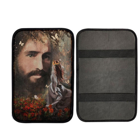 Jesus, Pretty Girl, Red Flower Garden, Flower Wreath Car Center Console Cover, Car Armrest Pad, Christian Gift, Armrest Box Mat