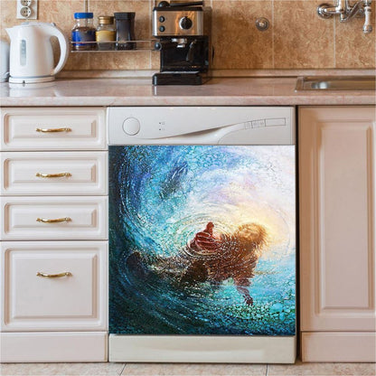 Jesus Reaching In The Water Jesus Lion Dishwasher Cover, Bible Verse Dishwasher Wrap, Scripture Kitchen Decoration