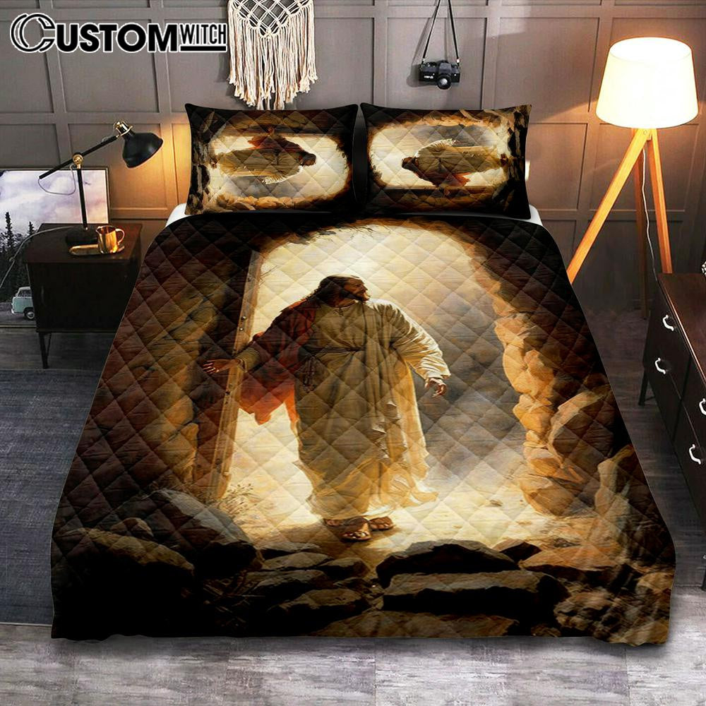 Jesus Rises From Cave Quilt Bedding Set Prints - Religious Quilt Bedding Set Art - Christian Cover Twin Bedding Decor