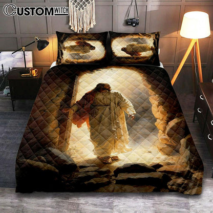 Jesus Rises From Cave Quilt Bedding Set Prints - Religious Quilt Bedding Set Art - Christian Cover Twin Bedding Decor