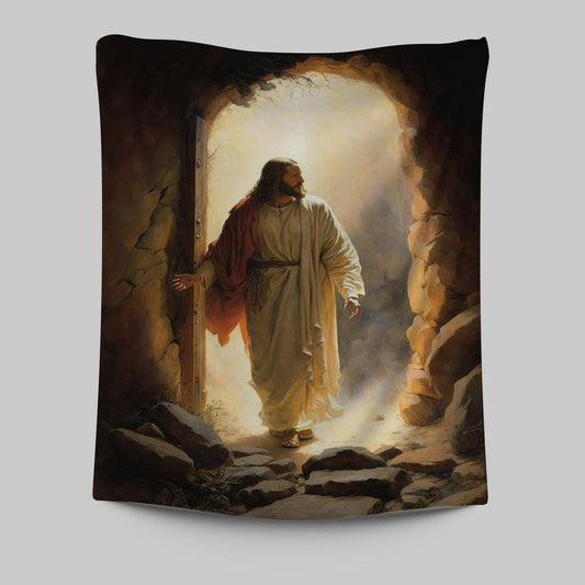 Jesus Rises From Cave Tapestry Prints - Religious Tapestries Wall Hanging Art - Christian Wall Decor