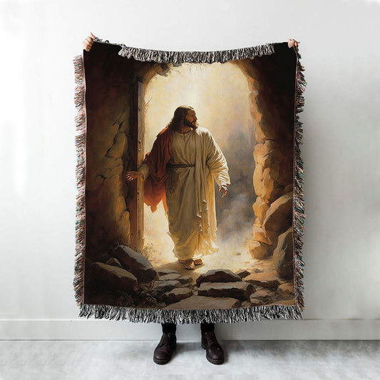 Jesus Rises From Cave Woven Blanket Prints - Religious Woven Blanket Art - Christian Boho Blanket
