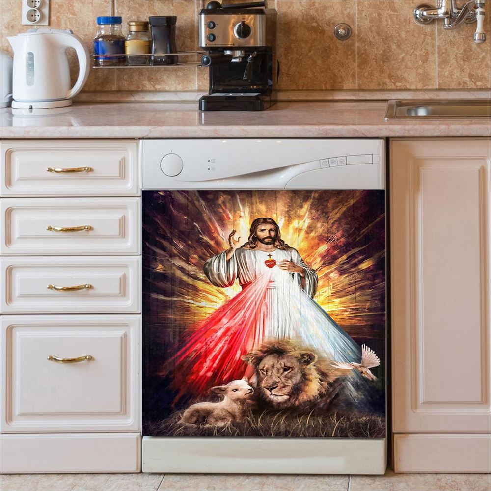 Jesus Running After A Lost Lamb, Jesus Lamb Of God Dishwasher Cover,Christian Dishwasher Wrap