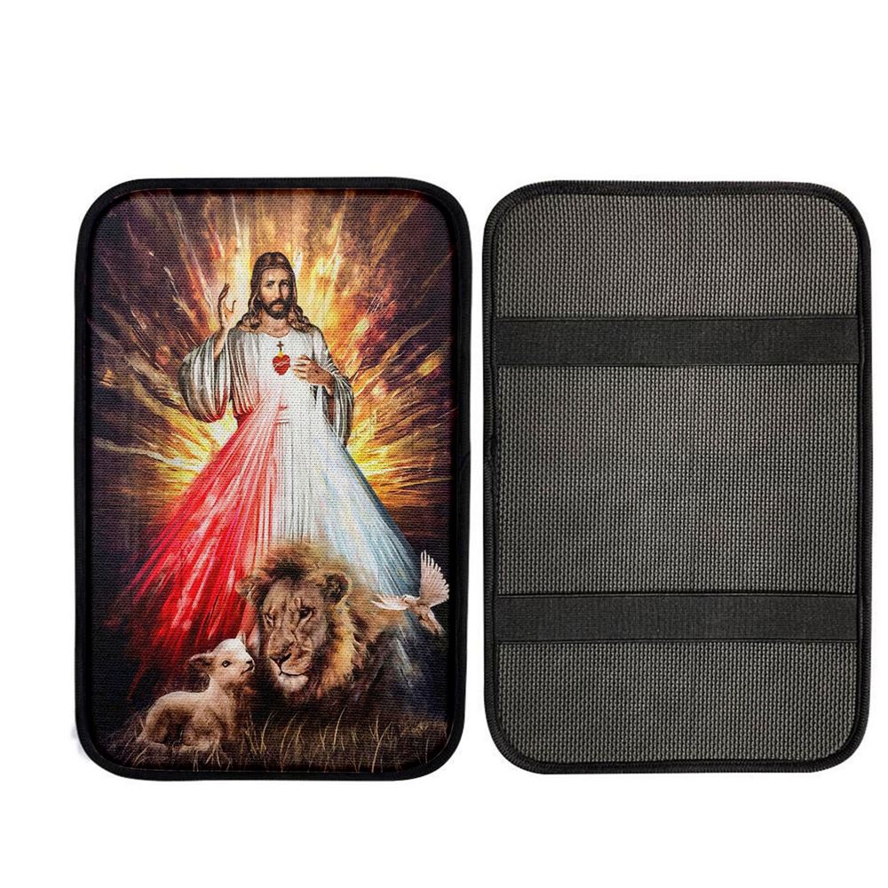 Jesus Sacred Heart Lion Lamb Car Center Console Cover - Lion Car Center Console Cover, Religious Car Interior Accessories