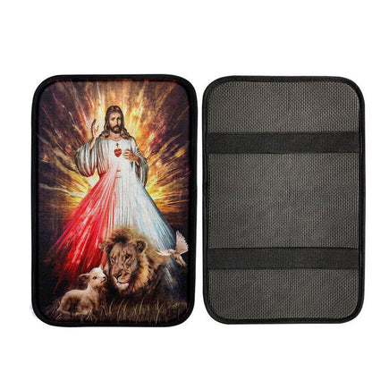 Jesus Sacred Heart Lion Lamb Car Center Console Cover - Lion Car Center Console Cover, Religious Car Interior Accessories