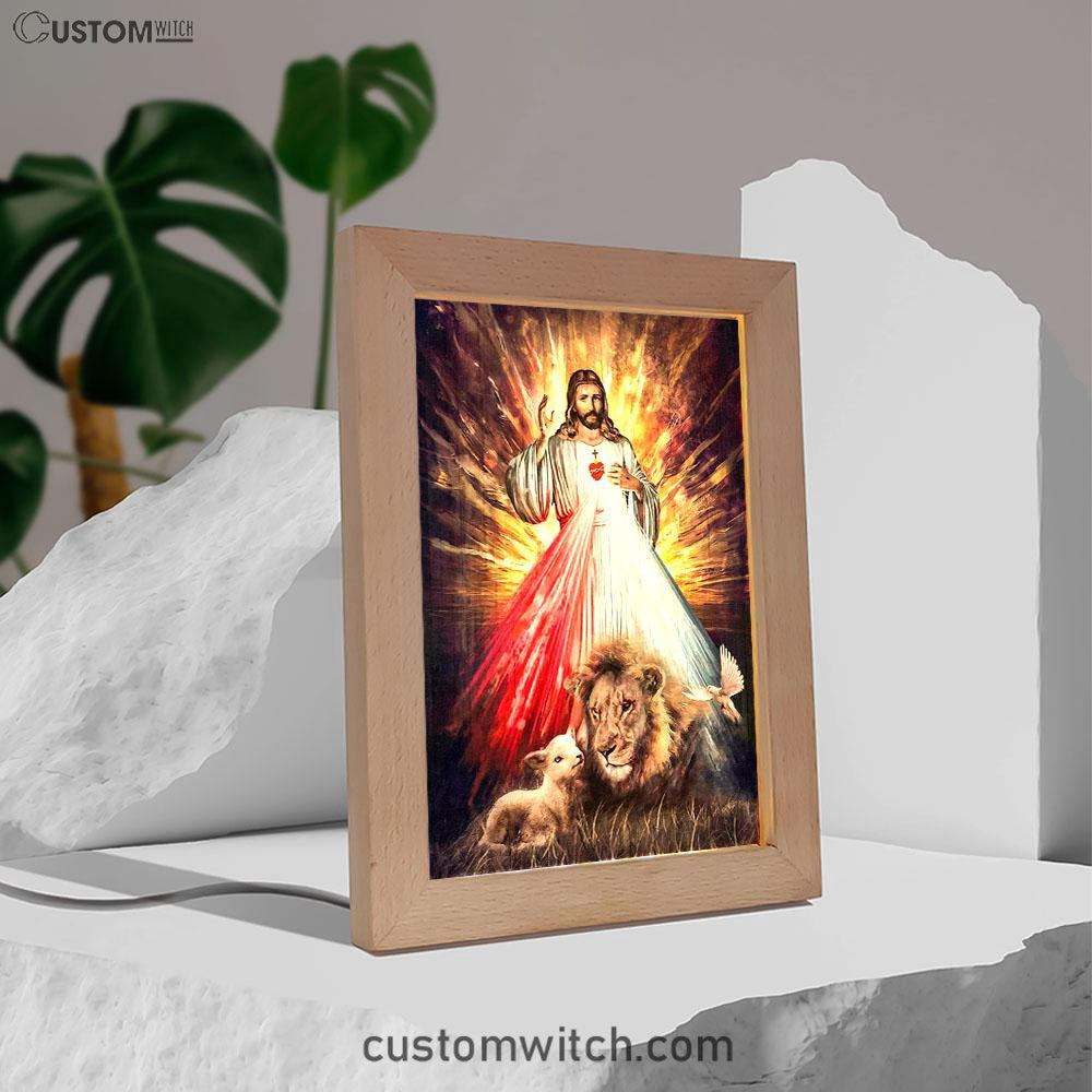 Jesus Sacred Heart Lion Lamb Frame Lamp Prints - Lion Frame Lamp Art - Christian Inspirational Frame Lamp