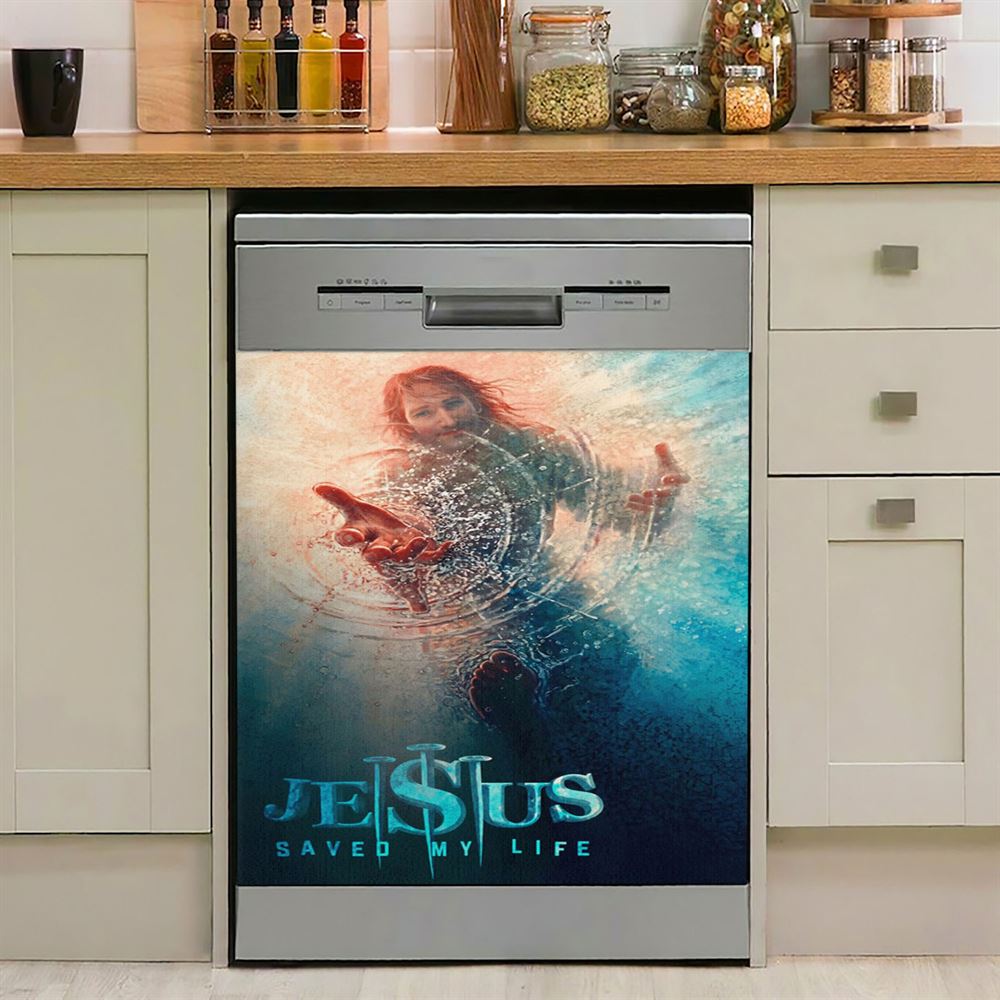 Jesus Saved My Life Dishwasher Cover, Cross Crown Of Thorns White Lily White Dove Dishwasher Wrap, Jesus Christ Kitchen Decoration