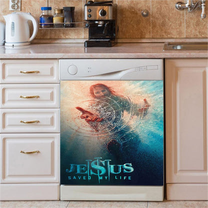 Jesus Saved My Life Dishwasher Cover, Cross Crown Of Thorns White Lily White Dove Dishwasher Wrap, Jesus Christ Kitchen Decoration