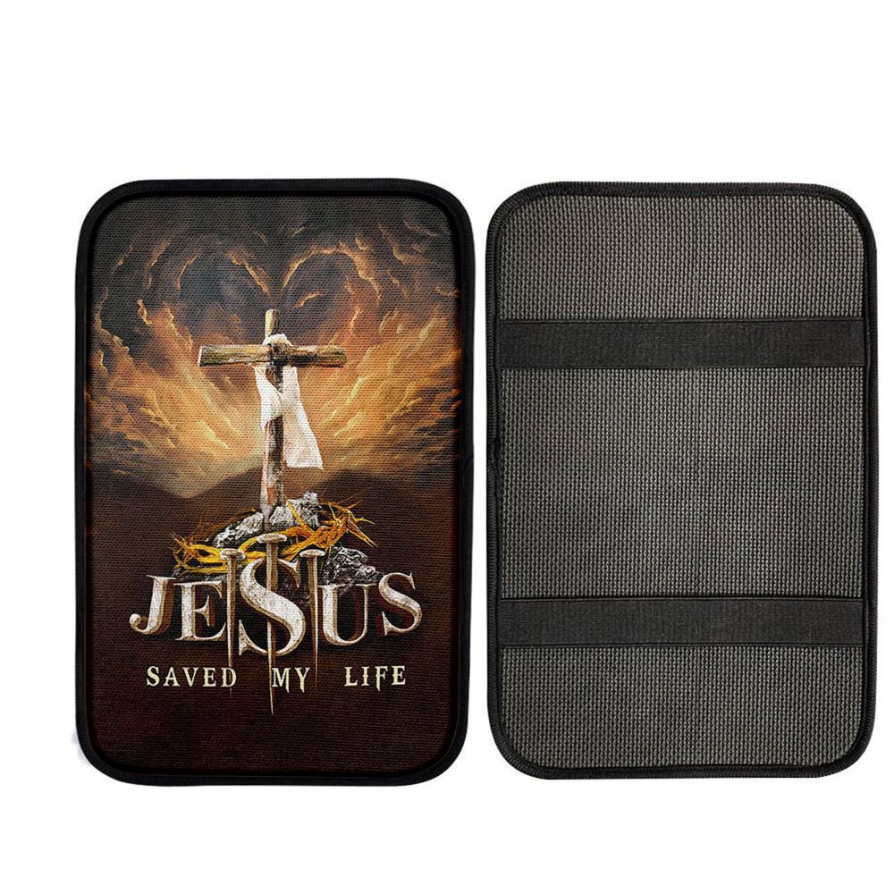 Jesus Saved My Life Heaven's Light The Wooden Cross Car Center Console Cover, Christian Car Armrest Accessories