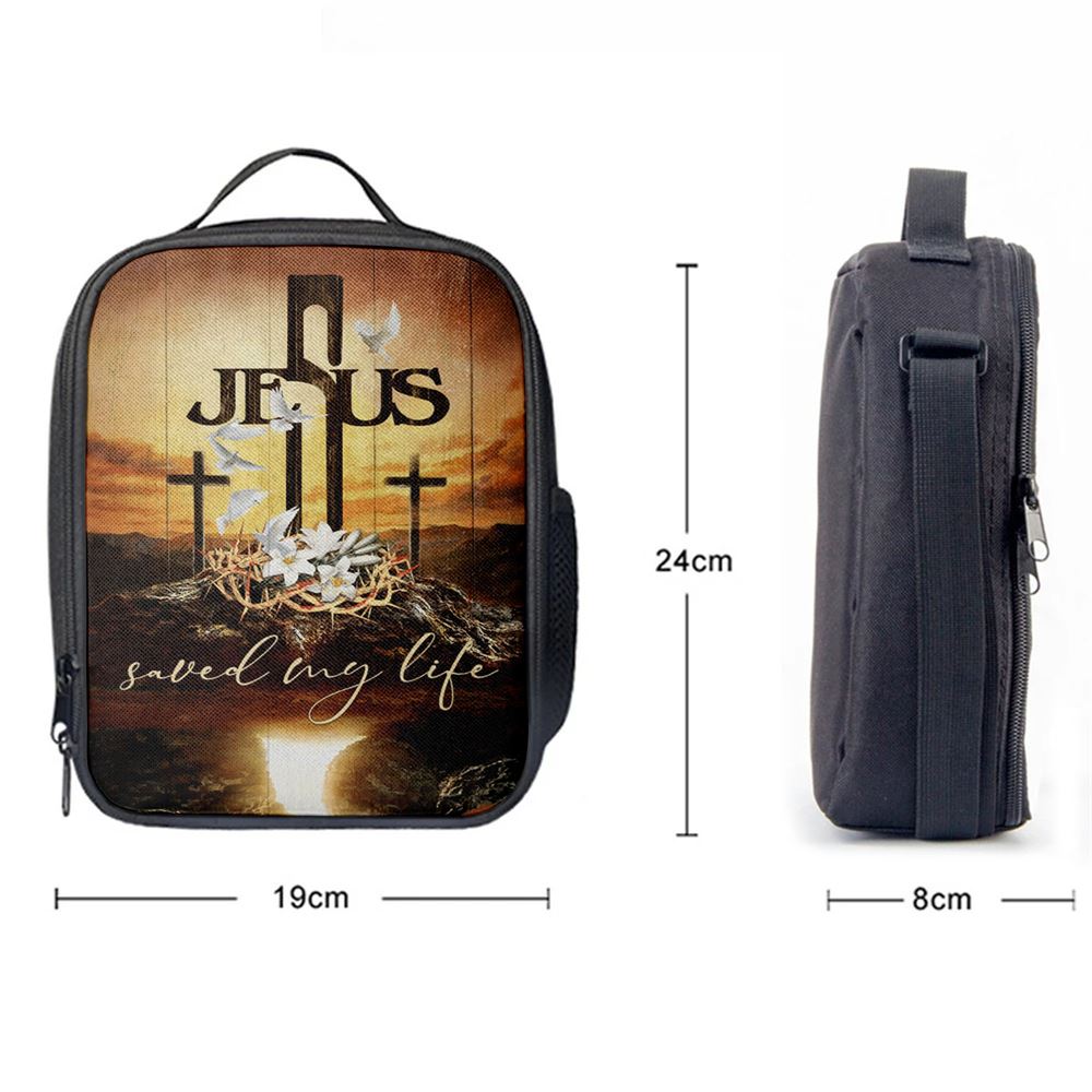 Jesus Saved My Life Lunch Bag - Cross Crown Of Thorns White Lily White Dove Lunch Bag, Christian Lunch Box For School, Picnic