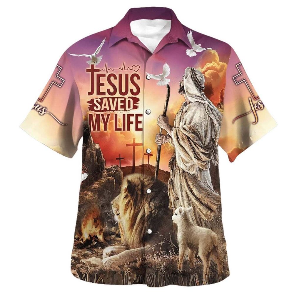Jesus Saved My Life With The Lamb And Lion Hawaiian Shirt For Men, Christian Hawaiian Shirt, Gift For Christian