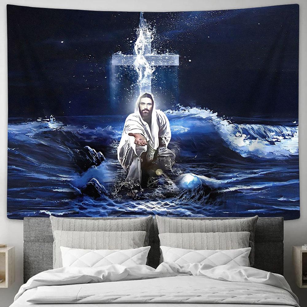 Jesus Saves - Jesus Gives His Hand Tapestry Prints - Jesus Christ Tapestry - Christian Tapestry Prints