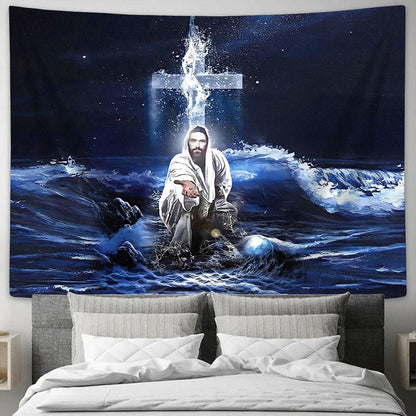 Jesus Saves - Jesus Gives His Hand Tapestry Prints - Jesus Christ Tapestry - Christian Tapestry Prints