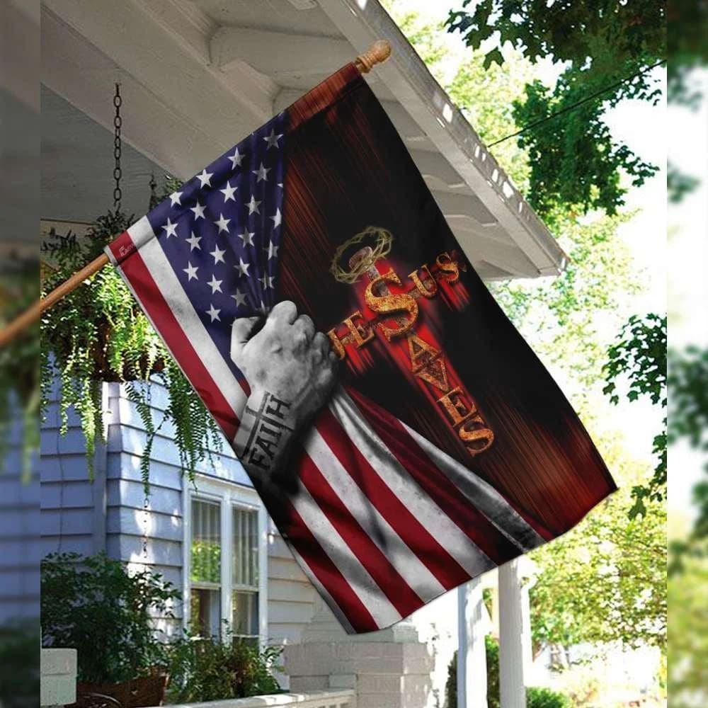 Jesus Saves American US House Flags, Christian Flag, Scripture Flag, Garden Banner