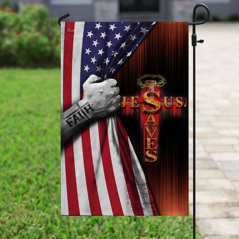 Jesus Saves American US House Flags, Christian Flag, Scripture Flag, Garden Banner