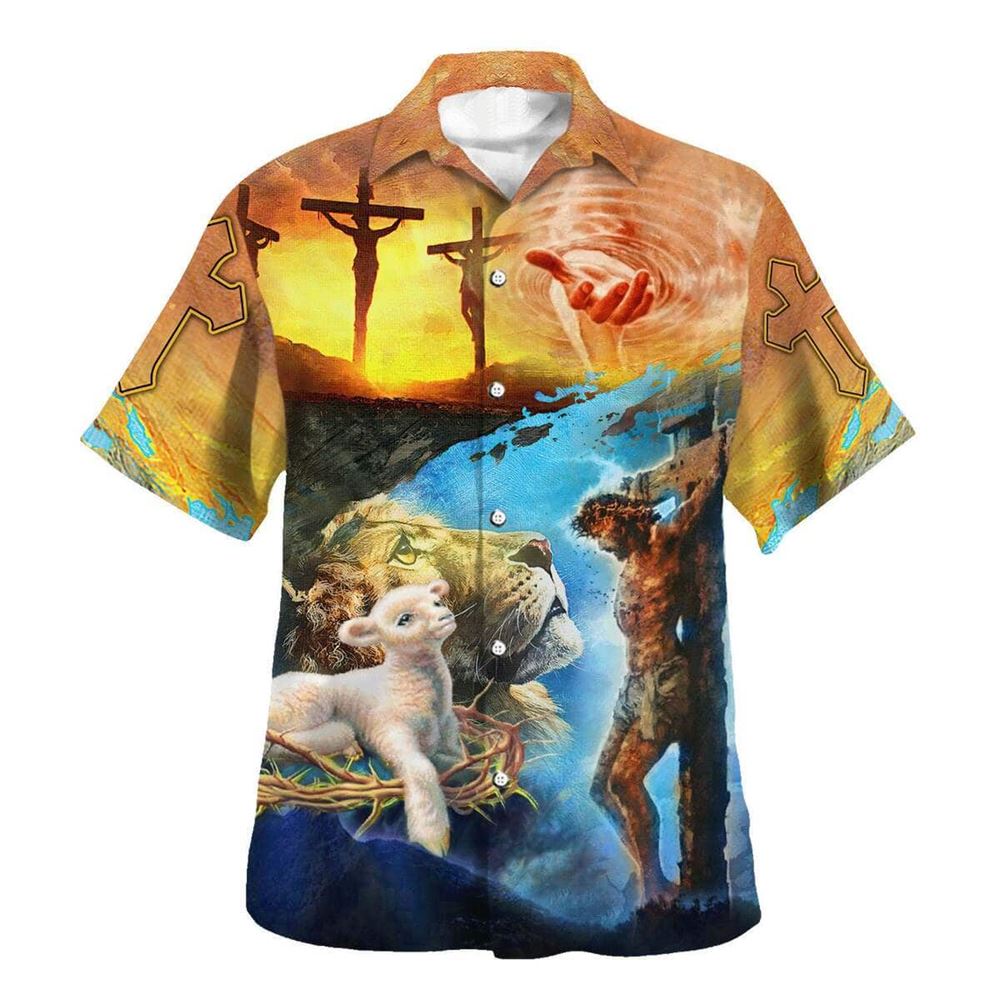 Jesus Saves Lion And Lamb Christian Hawaiian Shirt For Men, Christian Hawaiian Shirt, Gift For Christian