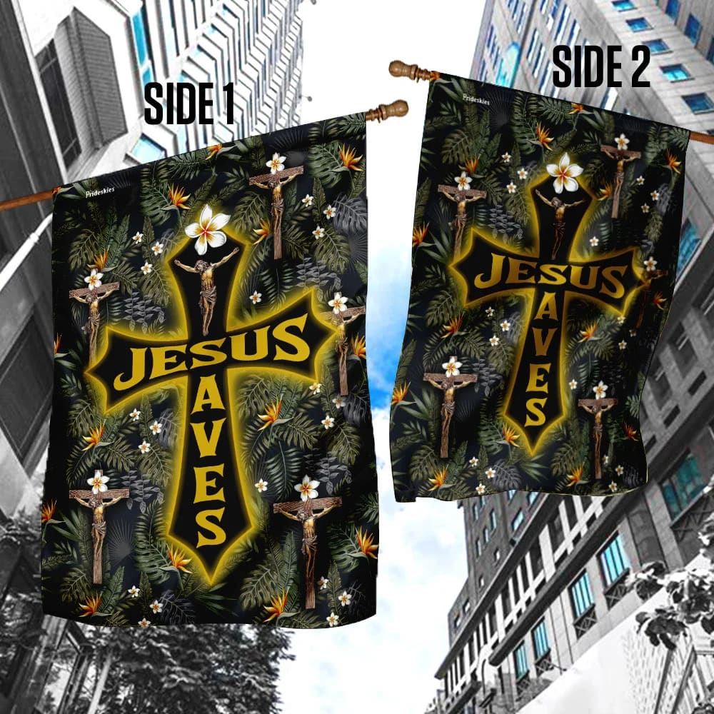 Jesus Saves Tropical Floral Pattern House Flag, Christian Flag, Christian Flag, Scripture Flag, Garden Banner