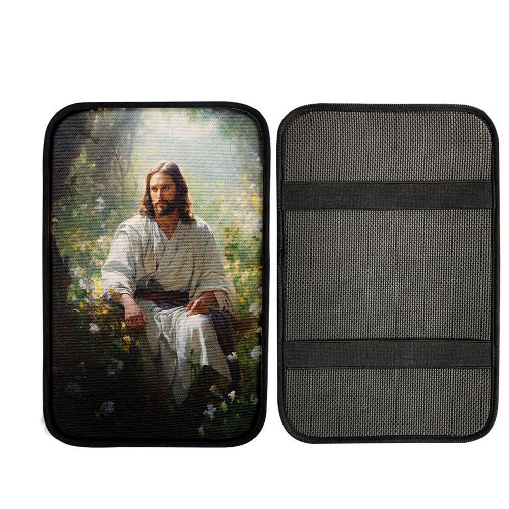 Jesus Sitting Down In The Forest Car Center Console Cover, Christian Car Armrest Accessories