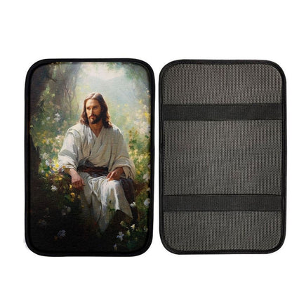 Jesus Sitting Down In The Forest Car Center Console Cover, Christian Car Armrest Accessories