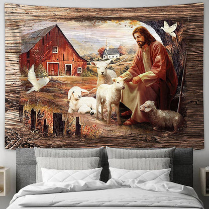 Jesus Sitting with the lambs Dove Tapestry Wall Art - Bible Verse Tapestry - Religious Tapestry Wall Hanging
