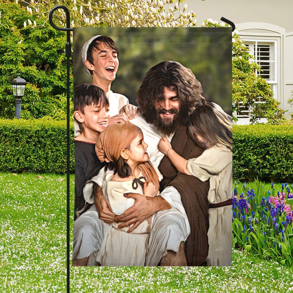 Jesus Smiling With Children Flag, Christian's Flag, Garden Decor, Garden Flag, Welcome Garden Flags, Christian Flag, Scripture Flag, Garden Banner
