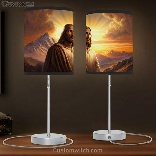 Jesus Standing Front Mountain With Sun Shining Him Table Lamb Pictures - Faith Art - Christian Table Lamb Gift Decor