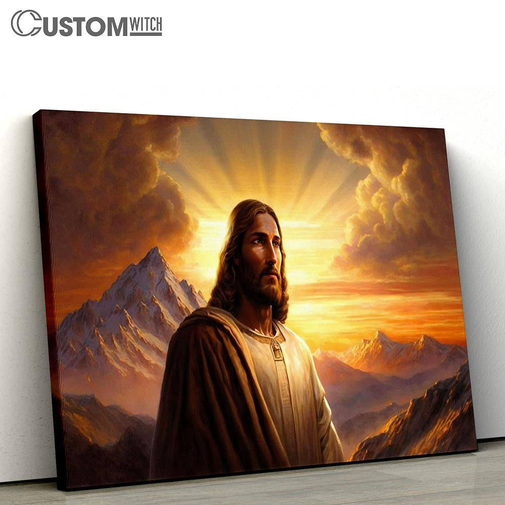 Jesus Standing Front Mountain With Sun Shining Him Canvas Pictures - Faith Art - Christian Canvas Wall Art Decor