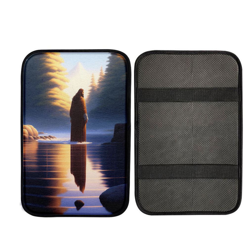 Jesus Standing On Water With Sun Shining Him Car Center Console Cover, God Car Armrest Accessories