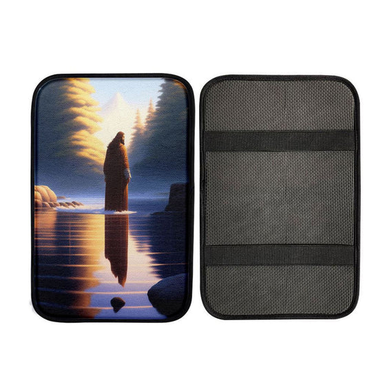 Jesus Standing On Water With Sun Shining Him Car Center Console Cover, God Car Armrest Accessories