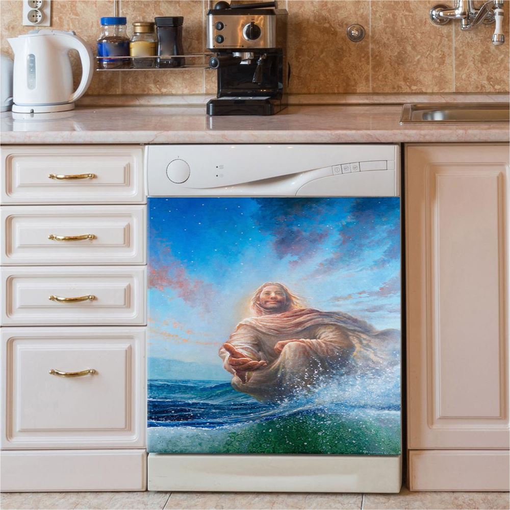 Jesus Standing On Water With Sun Shining Him Dishwasher Cover, Religious Dishwasher Wrap, Christian Kitchen Decoration