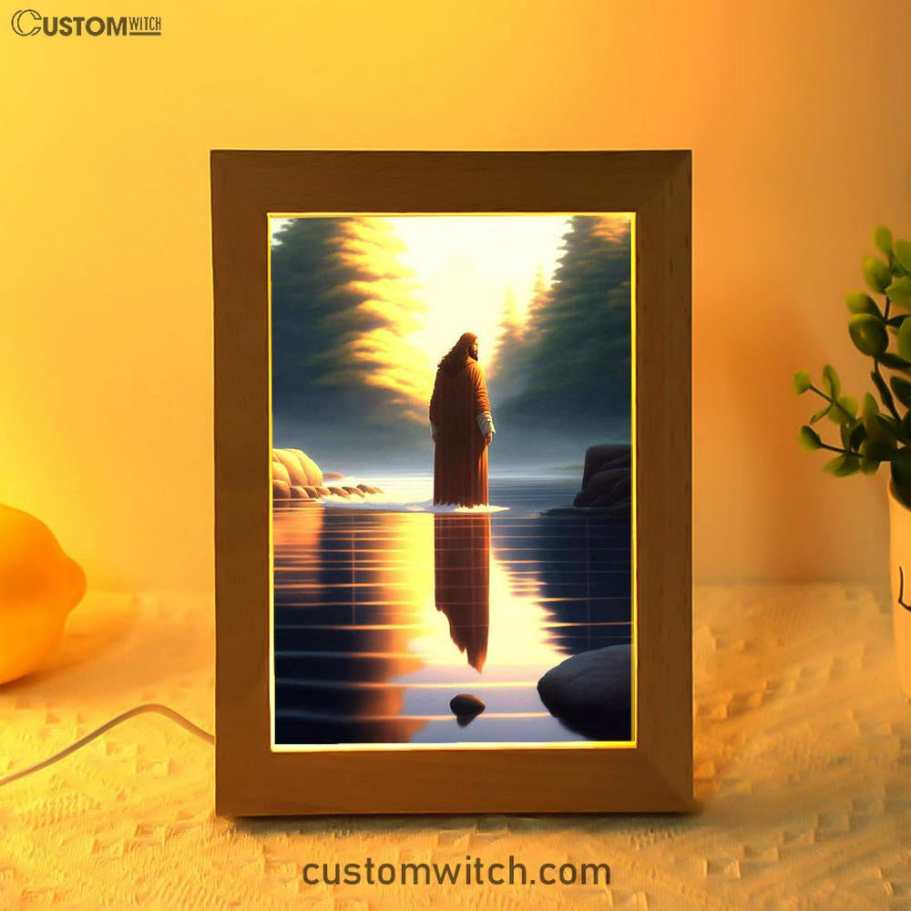 Jesus Standing On Water With Sun Shining Him Frame Lamp Prints - Religious Frame Lamp Art - Christian Decor