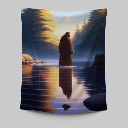 Jesus Standing On Water With Sun Shining Him Tapestry Prints - Religious Tapestries Wall Hanging Art - Christian Wall Decor