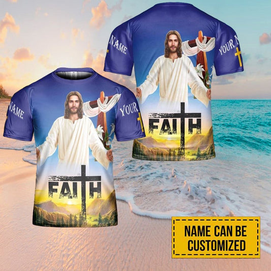 Jesus Sun Rise Faith Personalized Name All Over Print 3D T Shirt For Men And Women, Christian T-Shirt, Faith Shirt